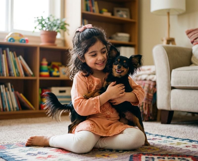 A young girl smiles and hugs a small, brown dog.