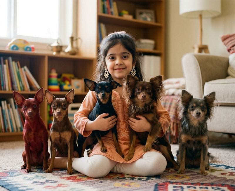 Young girl with various Russian Toy coat types and colors.