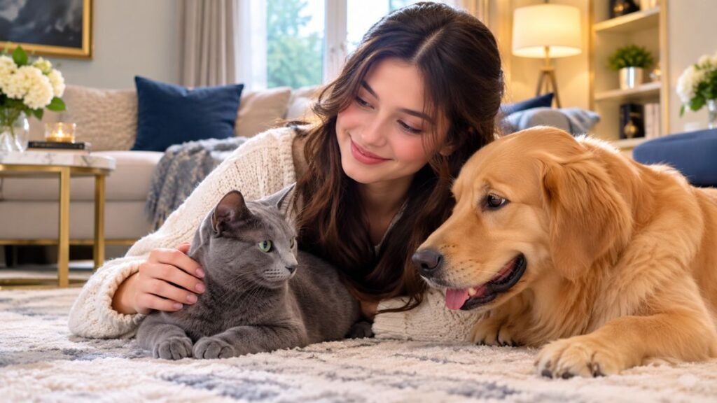 Cute girl with a Russian Blue cat and dog at home