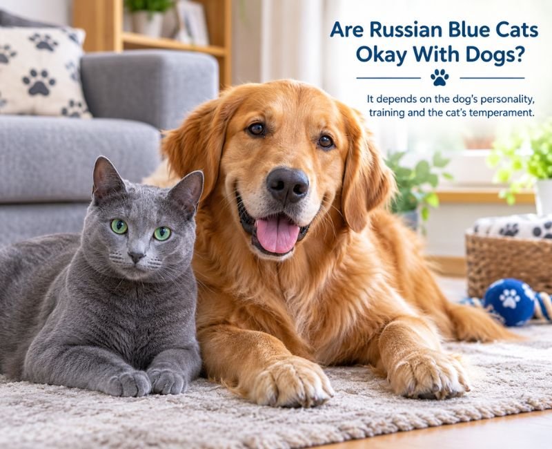 Russian Blue cat resting peacefully with a dog indoors
