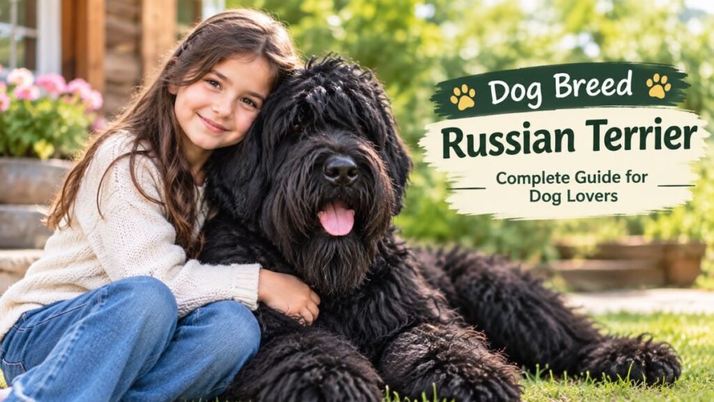 Black Russian Terrier with a girl outdoors