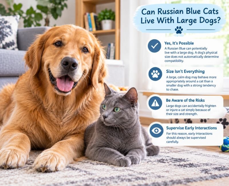 Russian Blue cat calmly sitting beside a large dog indoors