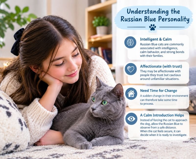 Cute girl with a Russian Blue cat showing the breed’s calm personality