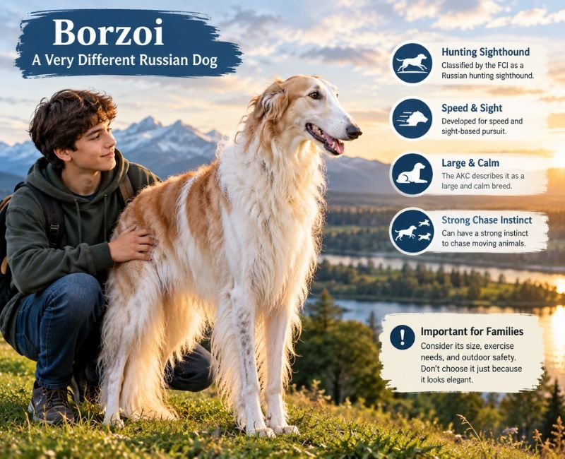 Borzoi Russian dog standing beside a teenager
