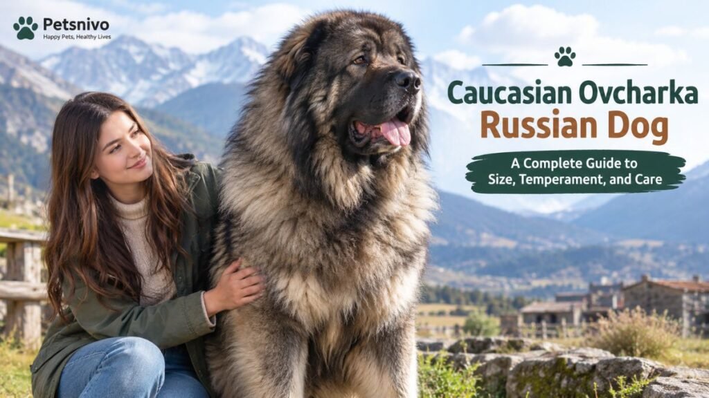 Caucasian Ovcharka Russian Dog with a woman in a mountain setting