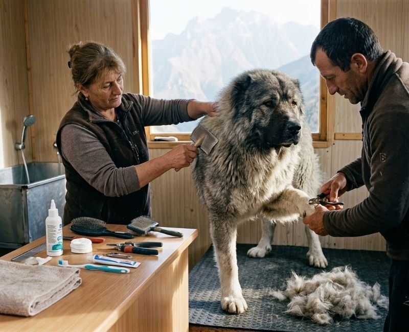 Caucasian Shepherd dog with various brushes, nail clippers, and ear