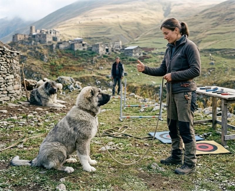 Caucasian Shepherds in training and resting