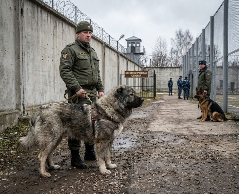 A Caucasian Shepherd with a uniform handler in a prison facility.