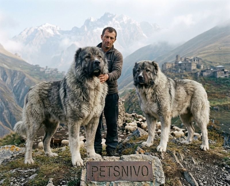 Caucasian Shepherds with owner in mountains