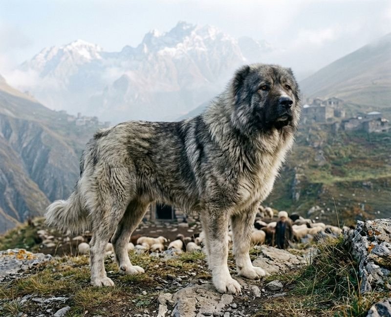 Massive Caucasian Shepherd in mountain landscape