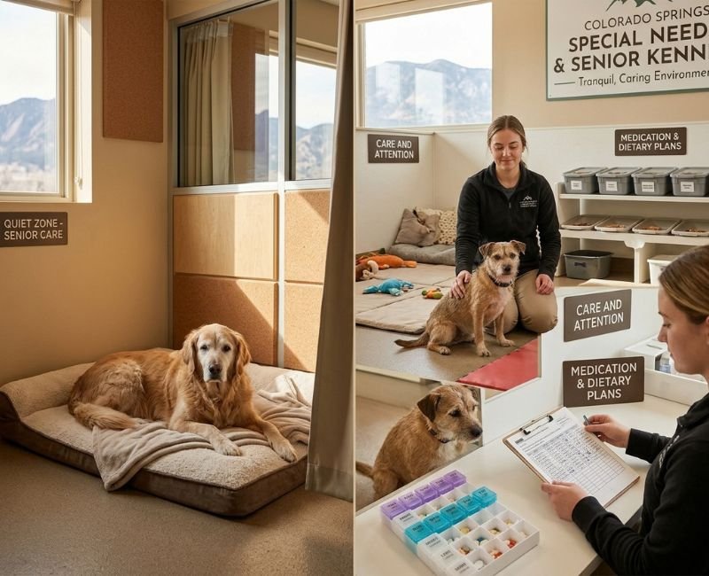 Colorado Springs special needs kennel mein aaram karta hua senior Golden Retriever