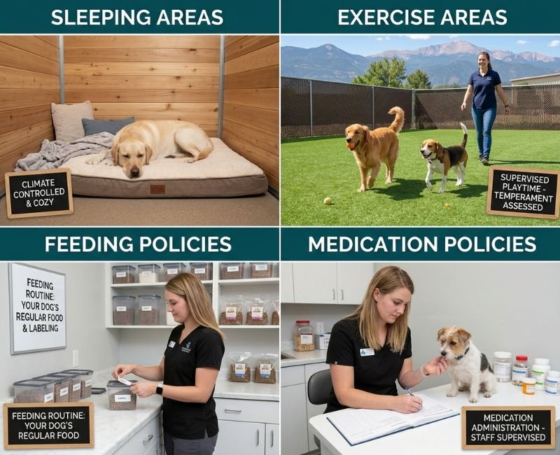 A four-panel grid showing dog boarding care