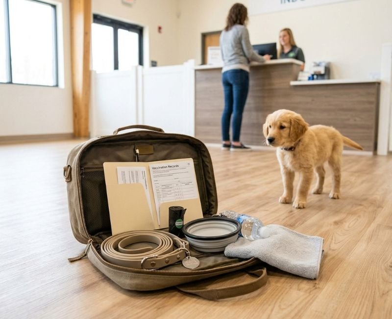 A tan bag on the floor with dog supplies, a golden retriever puppy, and a person checking in at the counter