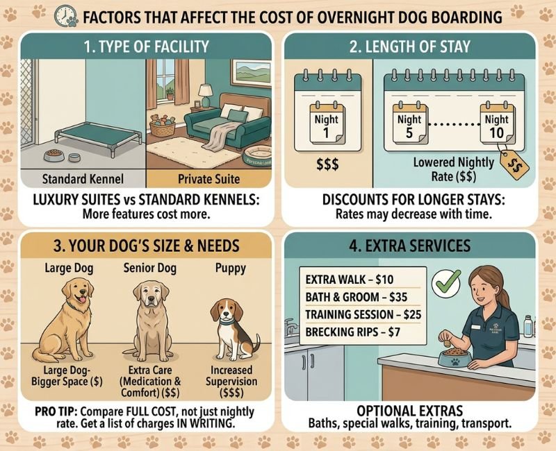 overnight dog boarding costs including facility type, length of stay, dog needs, and extra services.