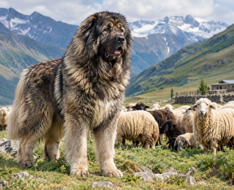 Giant Caucasian Shepherd Dog guarding sheep in the Caucasus mountains