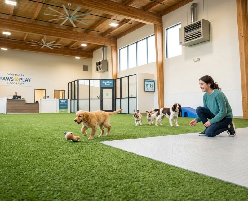 A girl watching dogs play on clean padded flooring in a spacious indoor dog park.