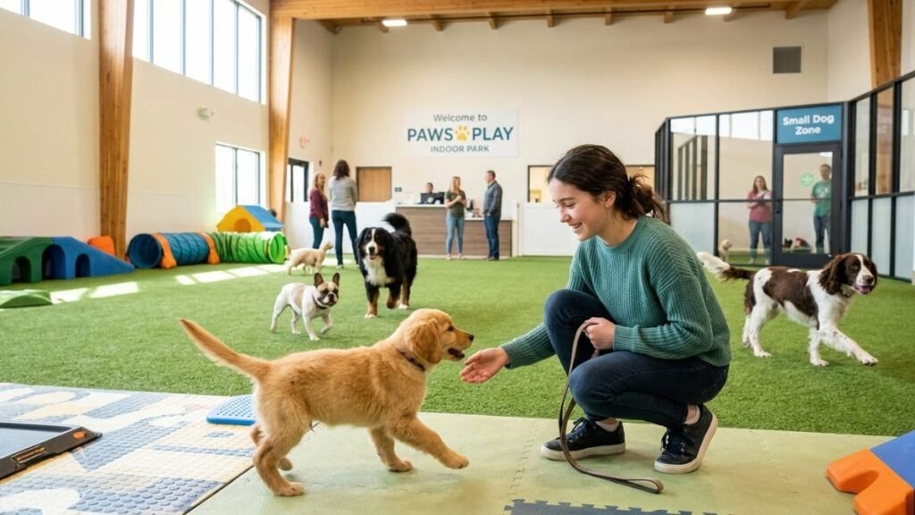 A cute girl playing with a puppy at a modern indoor dog park.