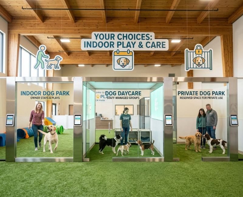 Comparison showing indoor dog park, daycare, and private play areas for dogs.