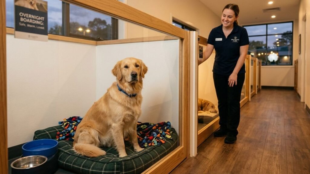 Golden Retriever in an overnight boarding suite with a caregiver.