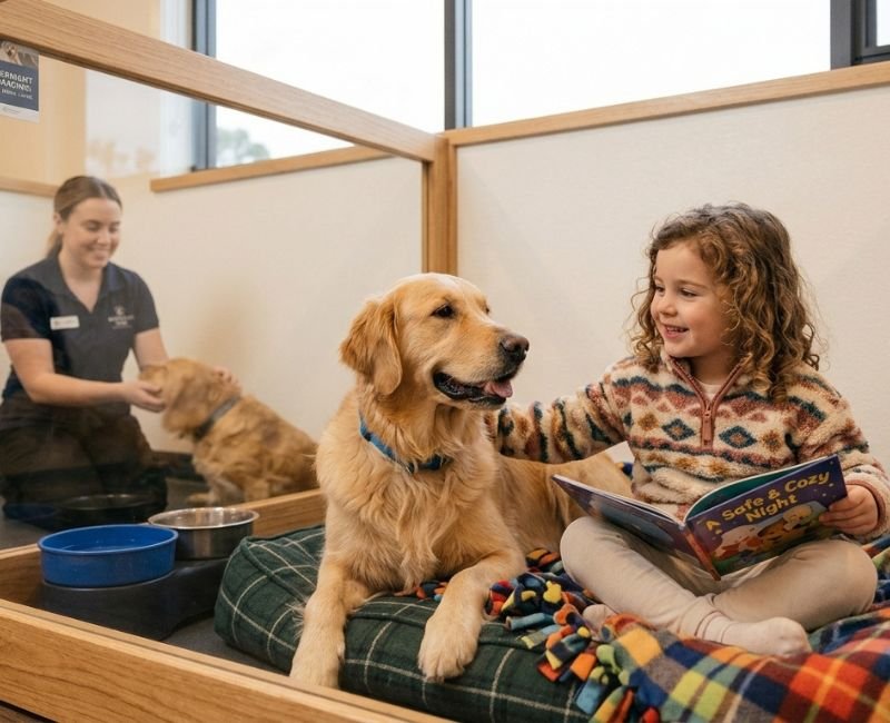 A friendly infographic showing a dog and girl with a packing checklist of essentials like food