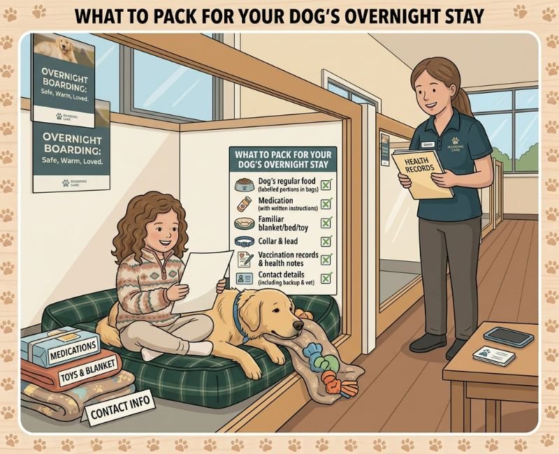 Girl and Golden Retriever sitting together with dog overnight boarding packing checklist items.