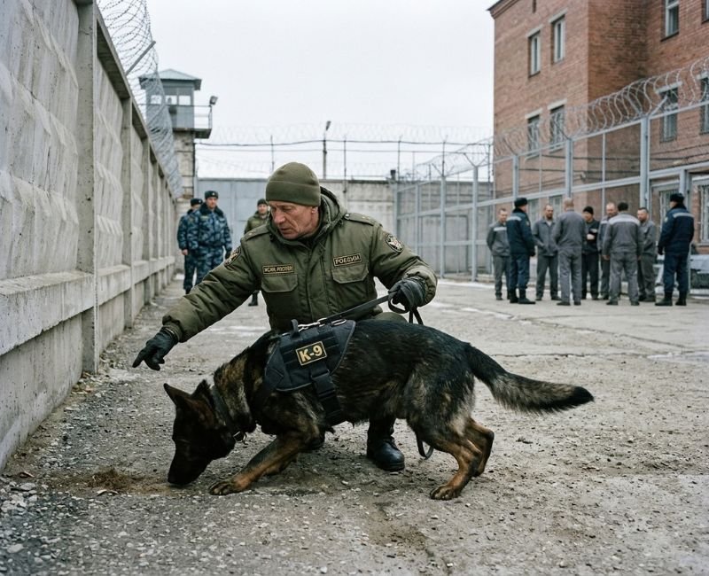 A German Shepherd in a K-9 harness