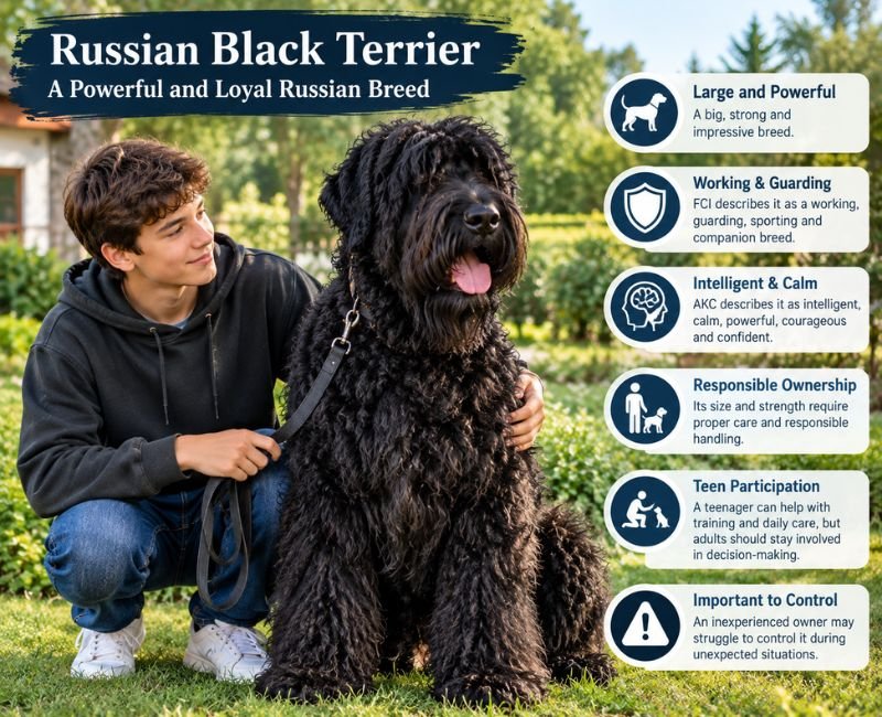 Teenager with a large Russian Black Terrier in a garden