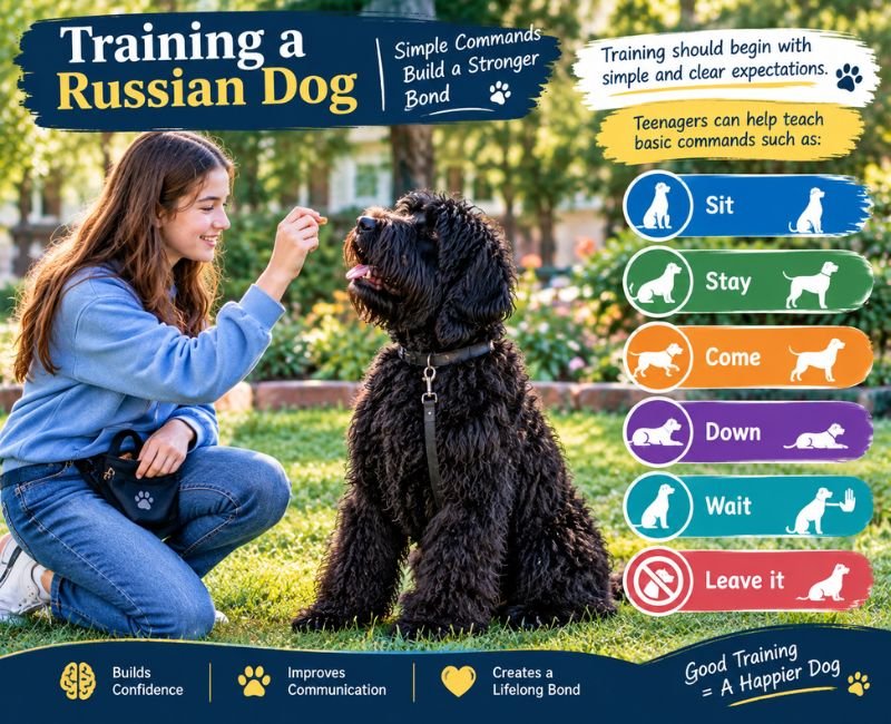 Teenager training a Russian Black Terrier with basic dog commands