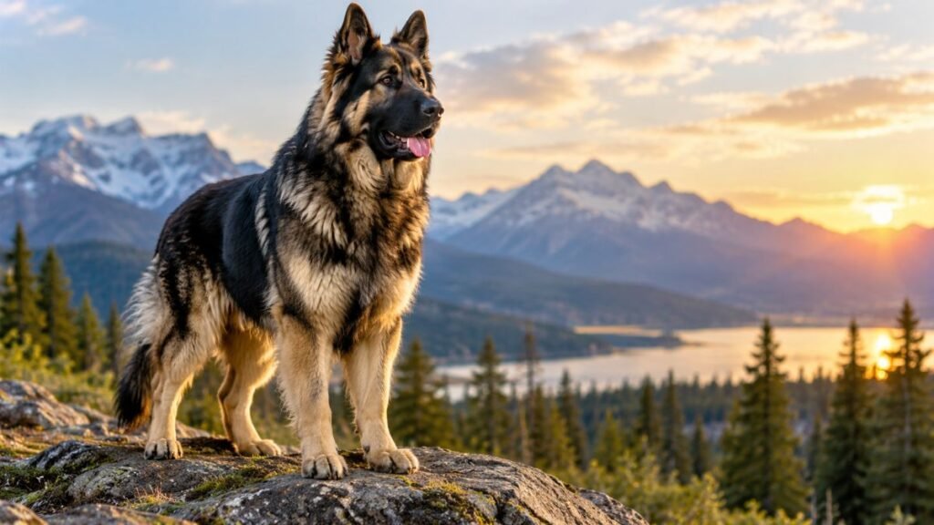Russian Shepherd Dog standing on a mountain.