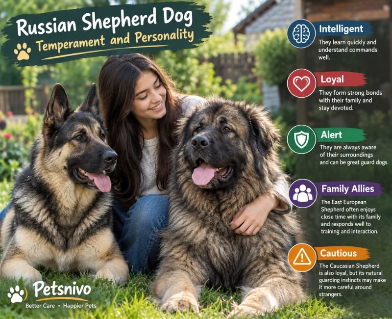 Russian Shepherd Dogs showing loyalty, intelligence, and family