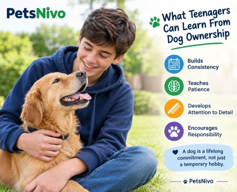 Teenager learning responsibility from dog ownership