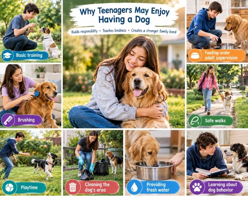 Teenager caring for a dog