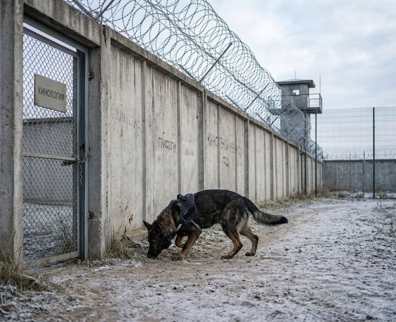 Perimeter fence ke paas zameen sunghta working dog.