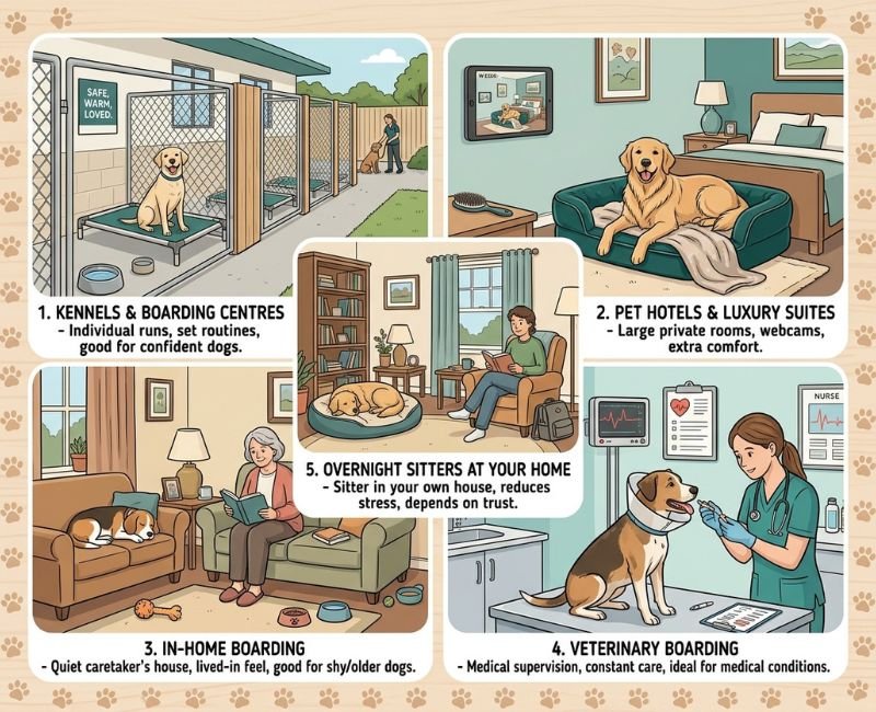 Infographic showing five types of overnight dog boarding options.