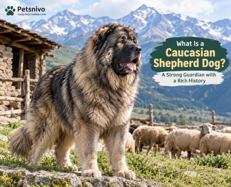 Caucasian Shepherd Dog guarding sheep in the mountains